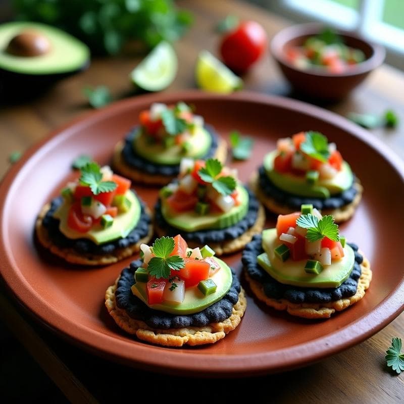 Tostadas de Pan de Maíz Azul con Crema de Frijol Negro y Pico de Gallo