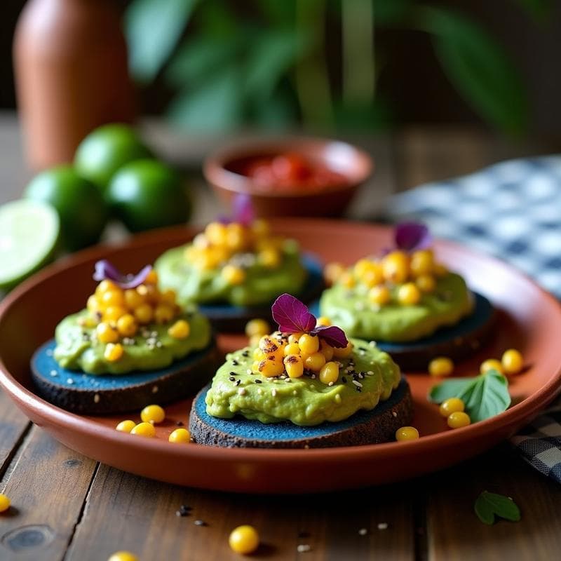 Tostadas de Pan de Maíz Azul con Guacamole de Edamame y Granos de Elote: Aperitivo Mexicano en 10 Minutos