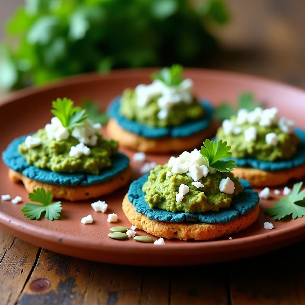 Tostadas de Pan de Maíz Azul con Pesto de Cilantro y Queso Cotija: Entrante Mexicano Rápido en 10 Minutos