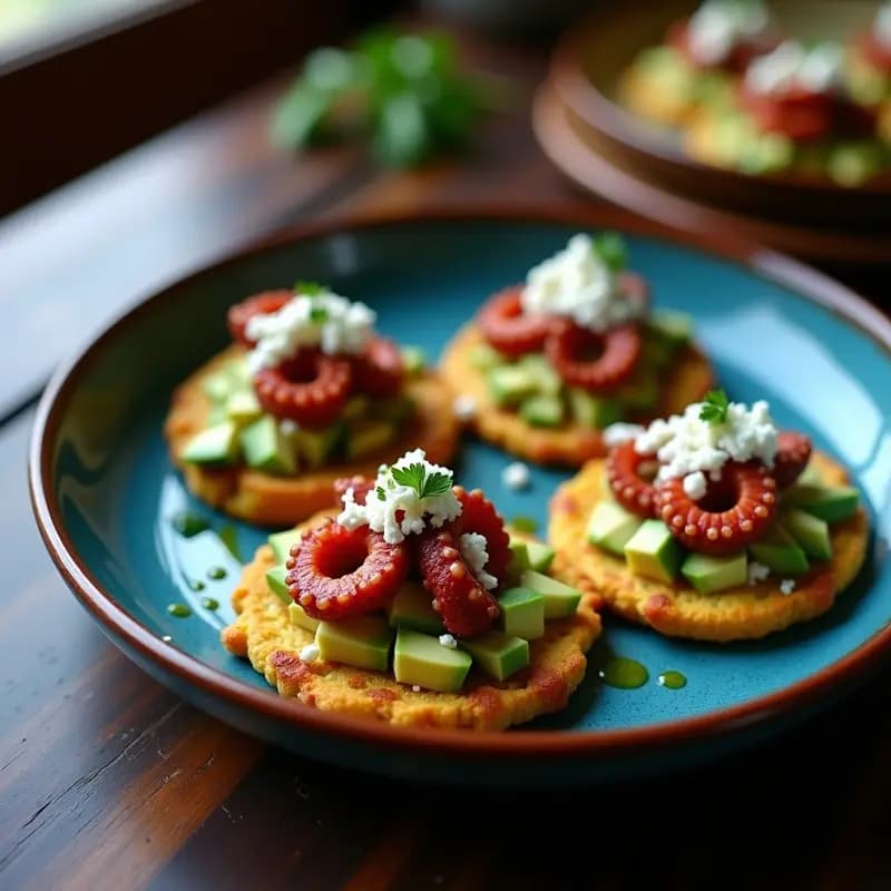 Tostadas de Pan de Maíz Azul con Pulpo a la Gallega: Receta Mexicana-Española en Airfryer
