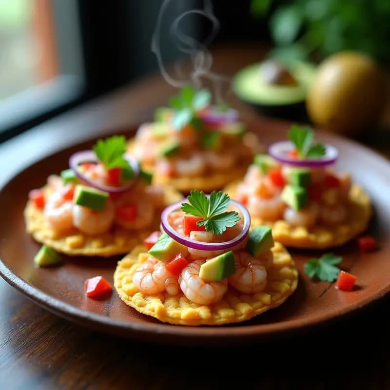 Tostadas de Pan de Maíz con Ceviche de Camarones: Aperitivo Peruano-Mexicano Fusion