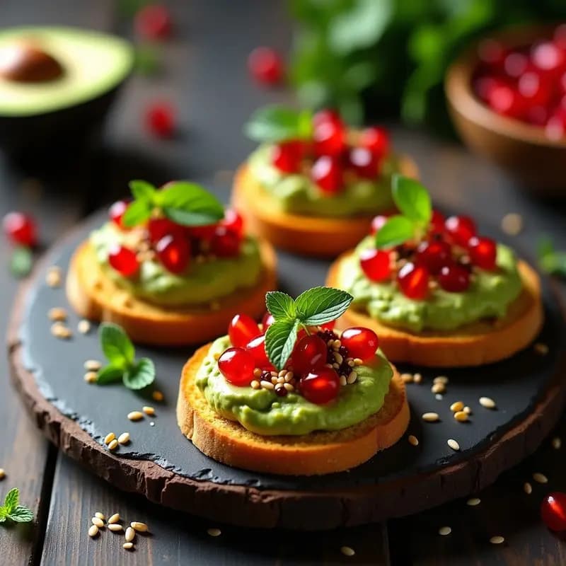 Tostadas de Pan de Maíz con Guacamole de Edamame y Semillas de Granada: Snack Mexicano Fit