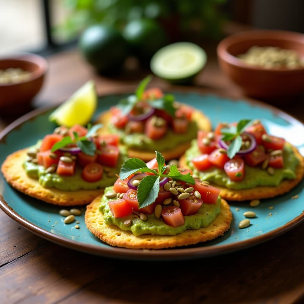 Tostadas de Pan de Maíz con Guacamole de Aguacate y Semillas de Calabaza: Desayuno Azteca