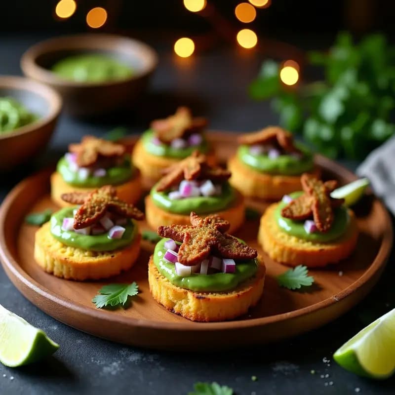 Tostadas de Pan de Maíz con Guasacaca y Chicharrón de Hongos: Aperitivo Colombiano Vegano
