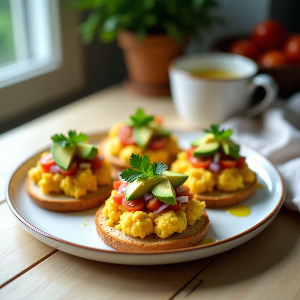 Tostadas de Pan de Maíz con Huevos Revuelto de Tofu y Aguacate: Desayuno Vegano y Alto en Proteína
