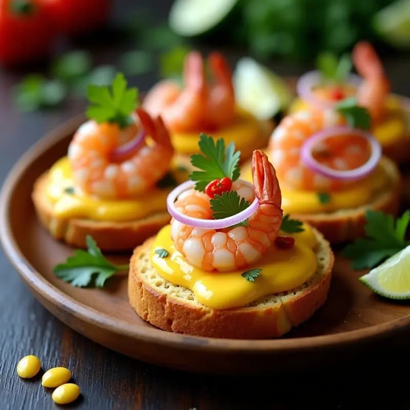 Tostadas de Pan de Maíz con Ocopa y Camarones: Receta Peruana con Toque Picante