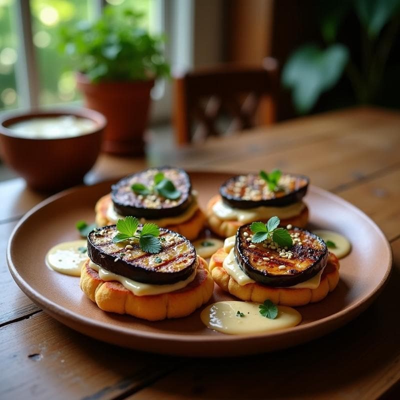 Tostadas de Pan de Mandioca con Berenjena Asada y Tahini: Desayuno Brasileño Vegano