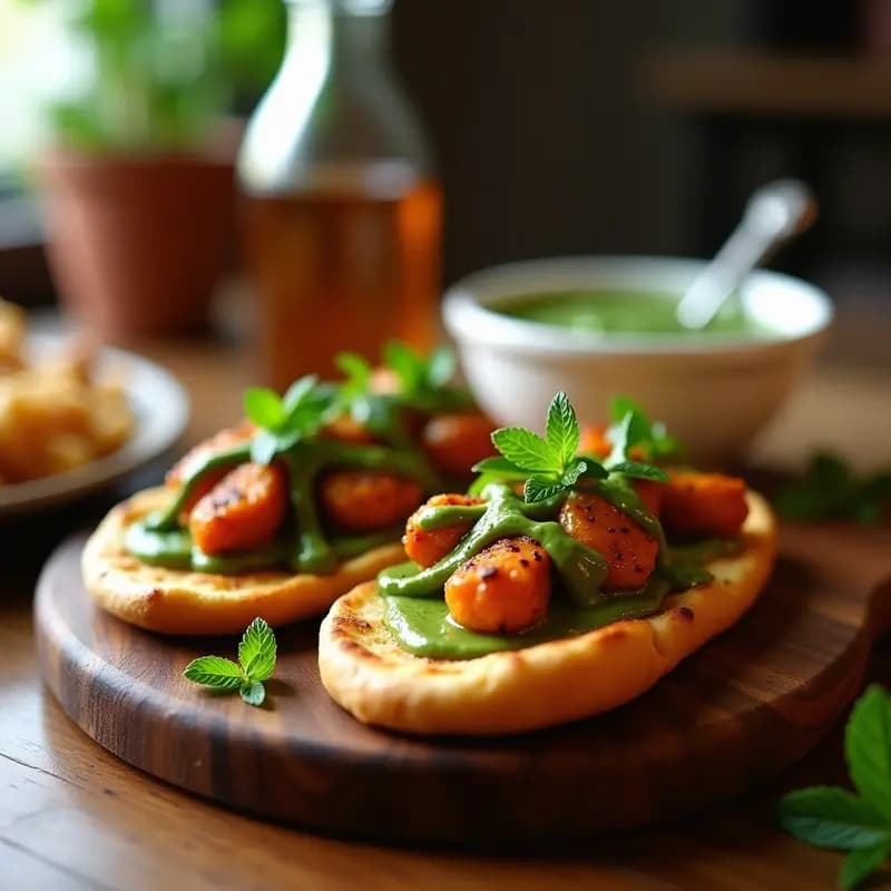 Tostadas de Pan Naan con Pollo Tandoori y Mint Chutney: Aperitivo Indio en 15 Minutos