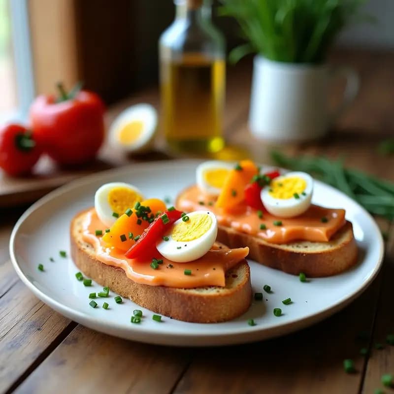 Tostadas de pan de payés con crema de ventresca y pimientos asados: Desayuno energético