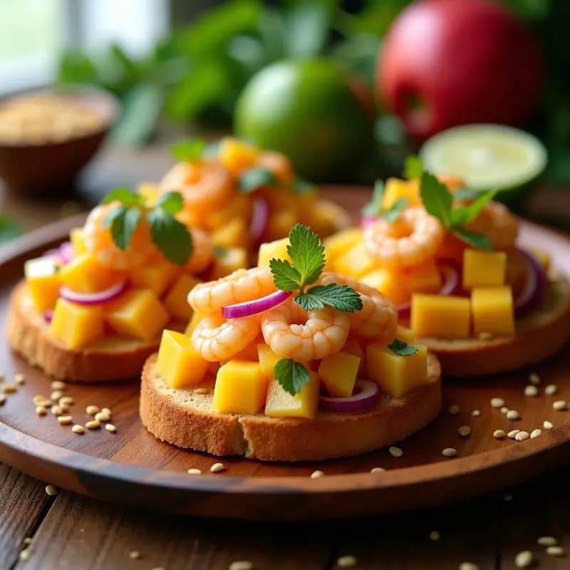 Tostadas de Pan de Plátano con Ceviche de Mango y Camarones: Receta Peruana Tropical