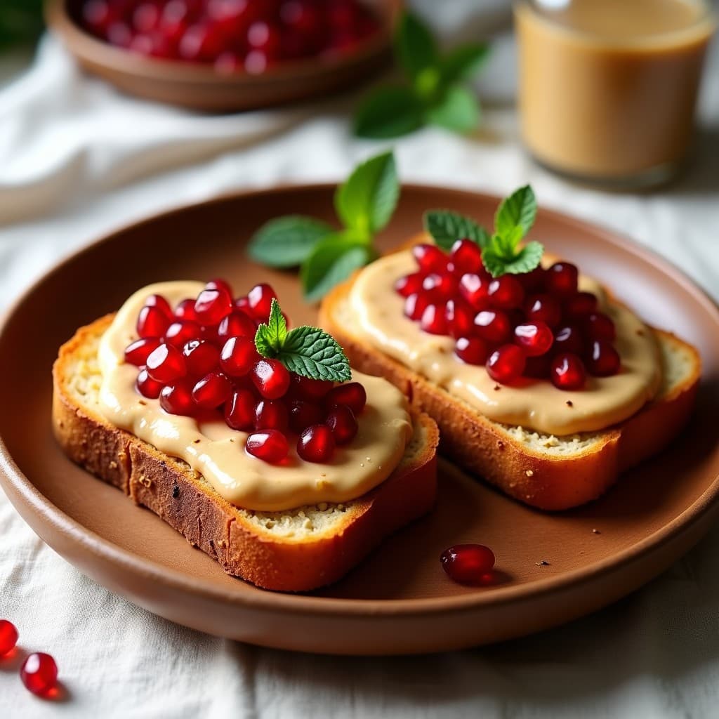 Tostadas de Pan de Plátano con Crema de Cacahuete y Topping de Granada: Desayuno Energy Boost