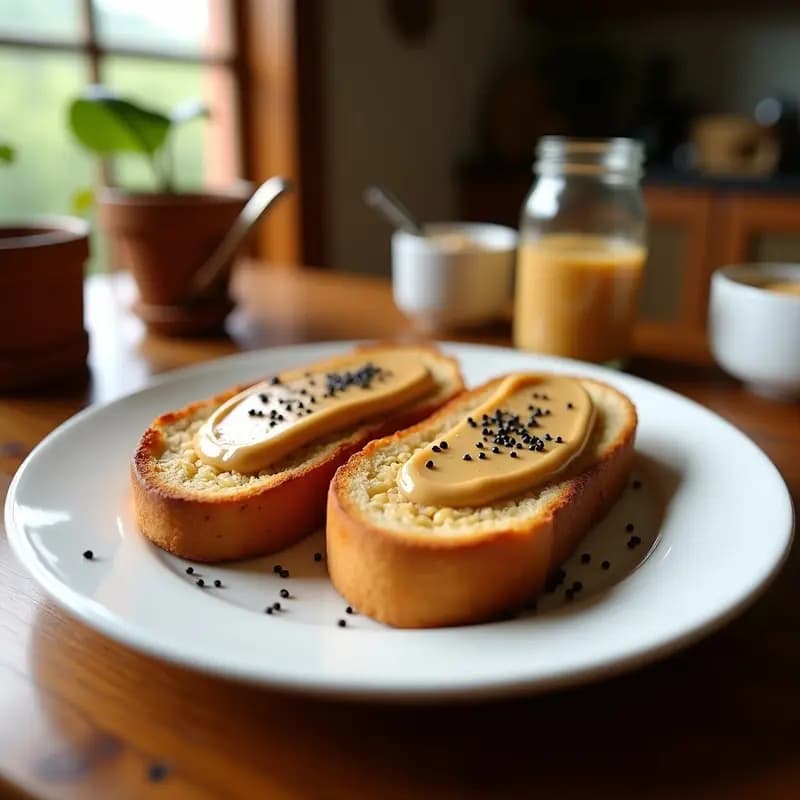 Tostadas de Pan de Plátano con Crema de Cacahuetes y Semillas de Sésamo Negro