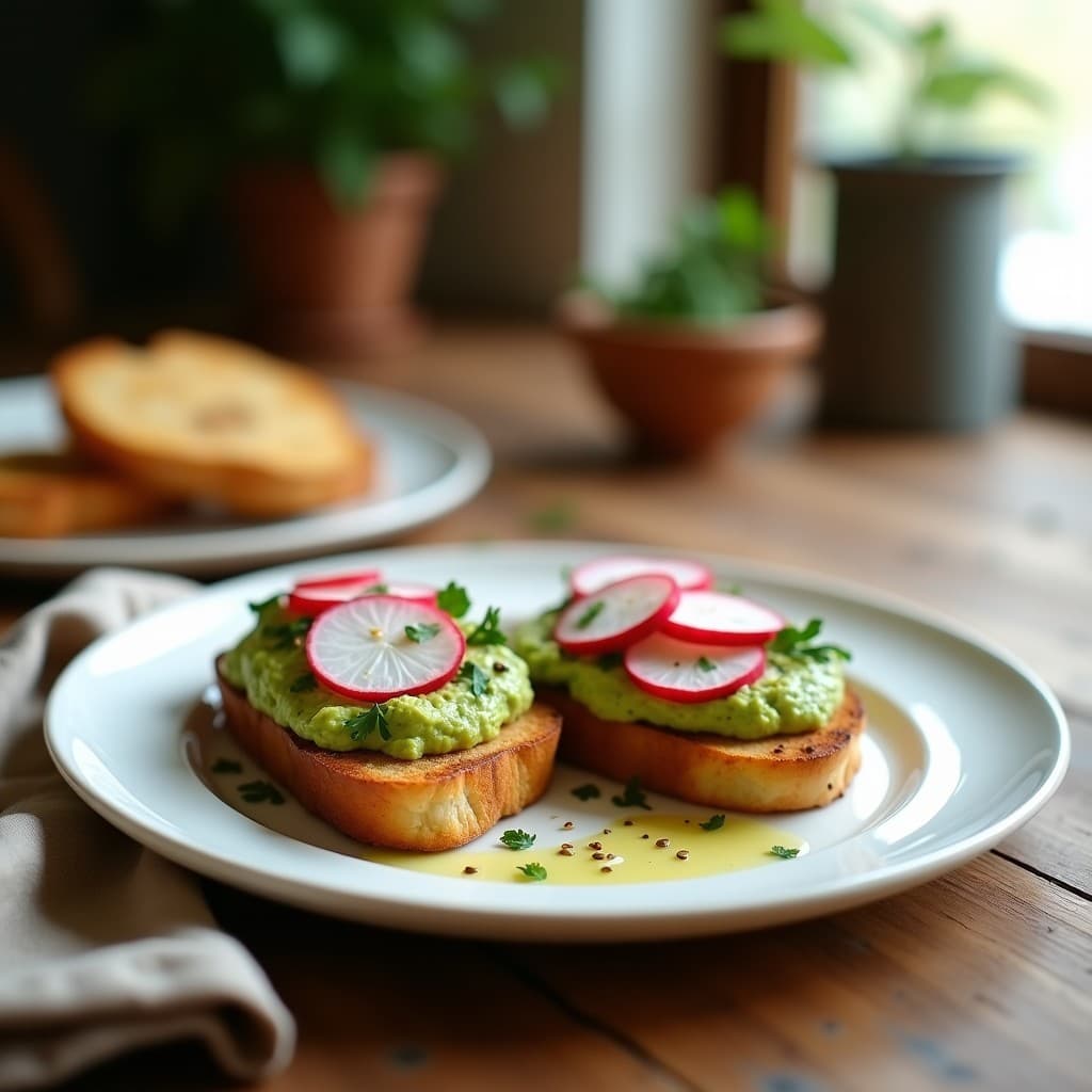 Tostadas de Pan de Plátano con Hummus de Garbanzos Verdes y Rábanos: Desayuno Keto Sin Horno