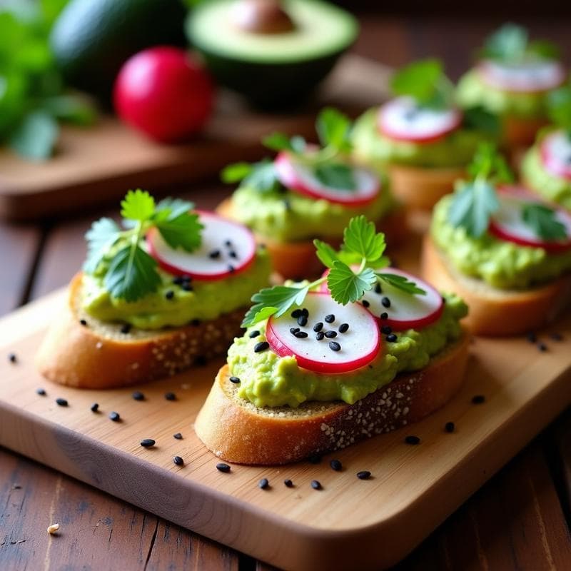 Tostadas de Pan de Semillas con Guacamole de Edamame y Rábanos: Aperitivo Crunchy Vegano