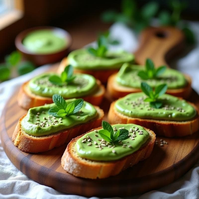 Tostadas de Pan de Semillas con puré de Guisantes y Mentol: Aperitivo Keto Crujiente