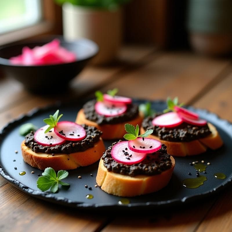 Tostadas de Pan de Tamari con Hummus de Lentejas Negras y Rábanos Encurtidos