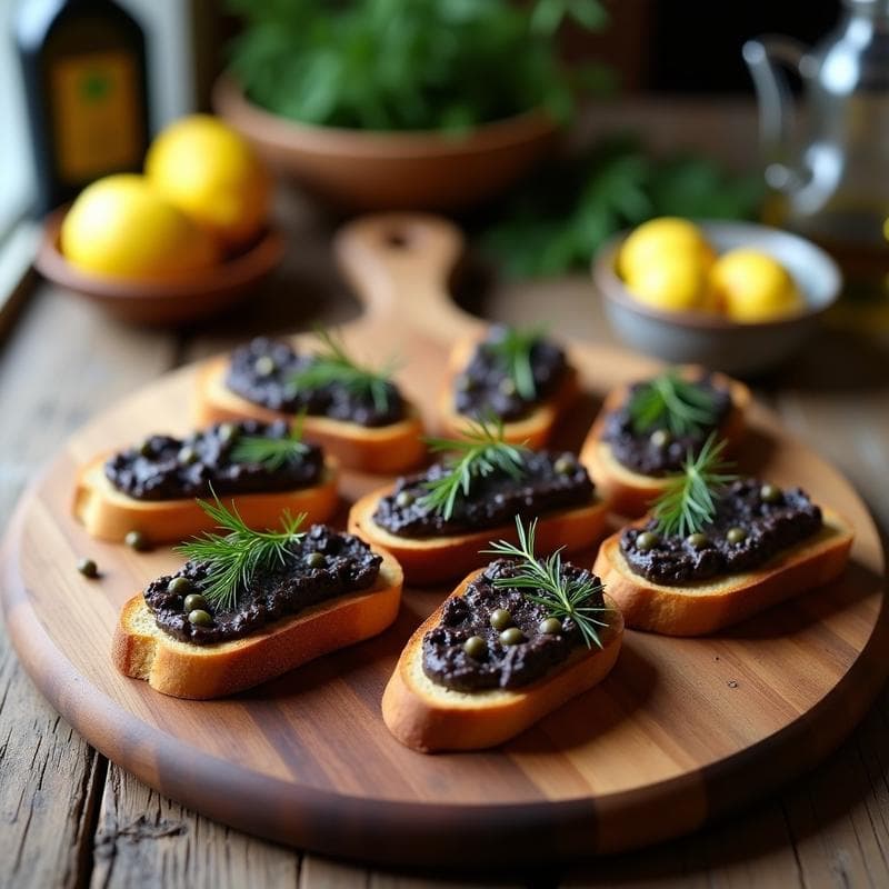 Tostadas de Pan de Trigo Sarraceno con Paté de Aceitunas Negras y Alcaparras: Entrante Francés