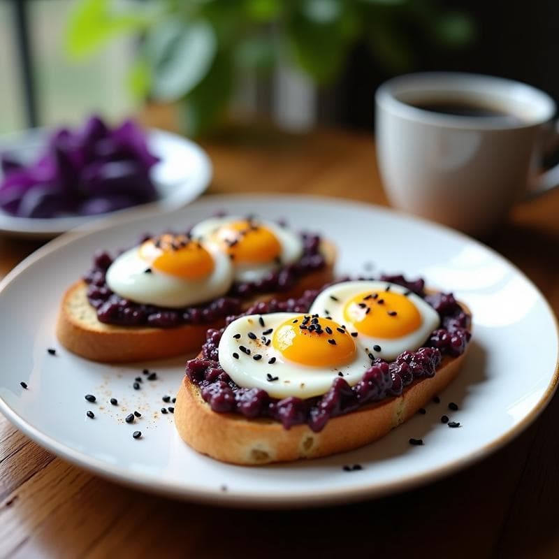 Tostadas de Pan de Yuca con Huevo de Codorniz y Pesto de Albahaca Morada: Desayuno Colombiano Gourmet