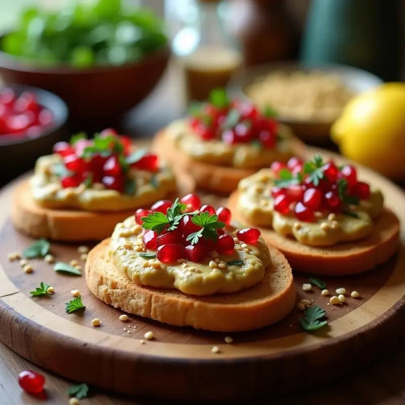 Tostadas de Pan de Pita con Babaganoush y Granos de Granada: Aperitivo Libanés Vegano