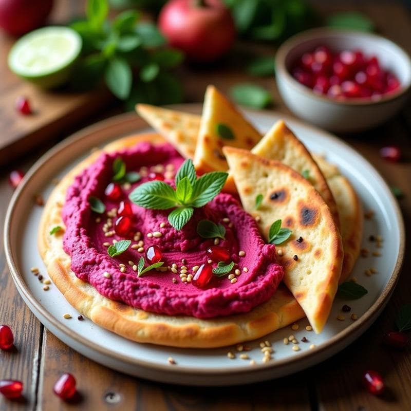 Tostadas de pan de pita con hummus de betabel y granada: Receta libanesa crujiente