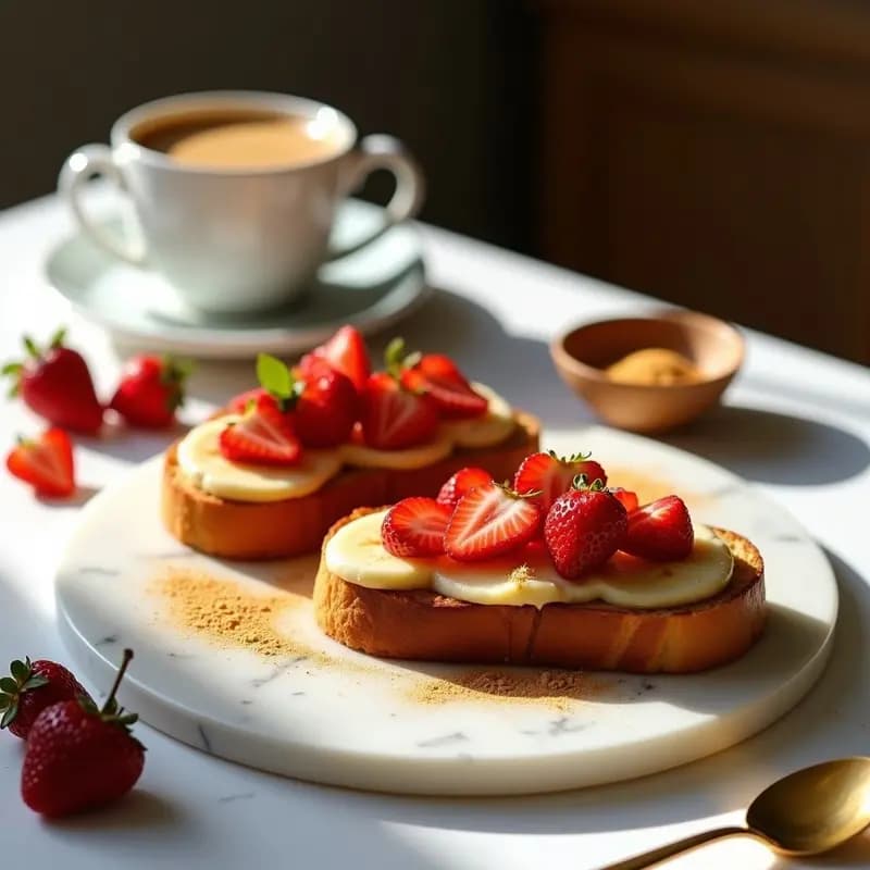 Tostadas de Pan de Plátano con Crema de Cacahuete, Fresas Liofilizadas y Polvo de Oro Comestible