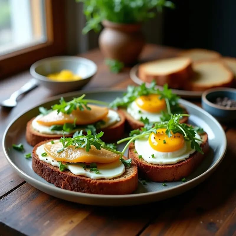 Tostadas de Pan de Centeno con Smørrebrød de Huevo y Arenque: Receta Danesa Tradicional