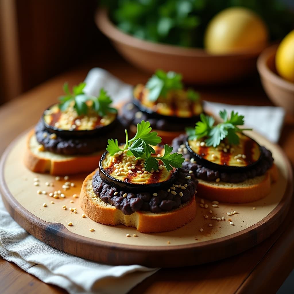 Tostadas de Pan de Sorgo con Hummus de Habas Negras y Berenjena Asada: Receta Egitpcia Vegana