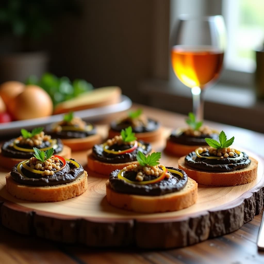 Tostadas de Pan de Sorgo con Hummus de Lentejas Negras y Aceite de Oliva Picante: Aperitivo Español Vegano