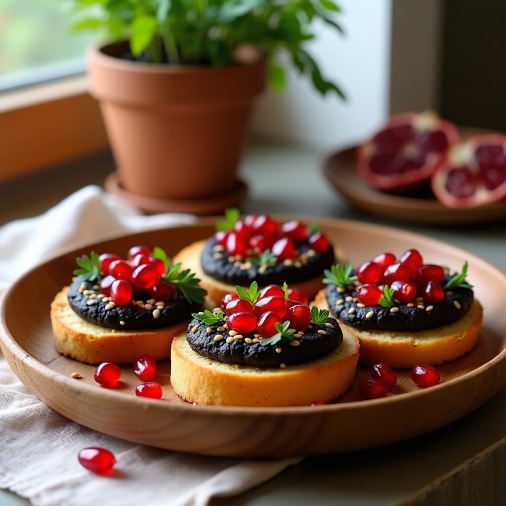 Tostadas de Pan de Teff con Hummus de Habas Negras y Semillas de Granado: Aperitivo Etíope Sin Gluten
