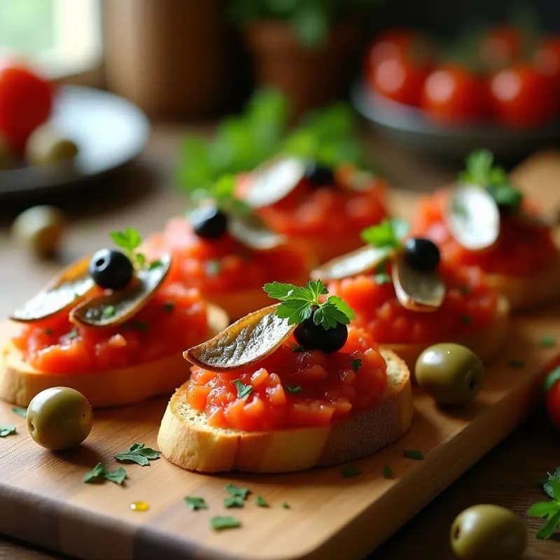 Tostadas de Tomate con Anchoas y Aceitunas: Aperitivo Andaluz Rápido y Sin Cocción