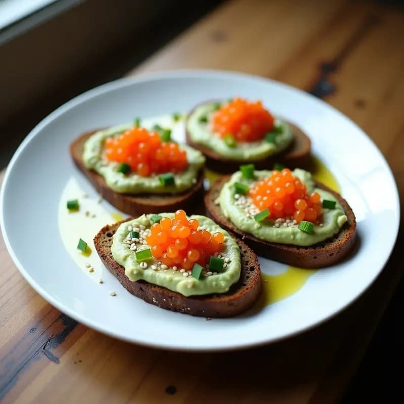 Tostadas de pan de trigo sarraceno con puré de habas y huevas de lumpo: Receta Rusa en 10 minutos