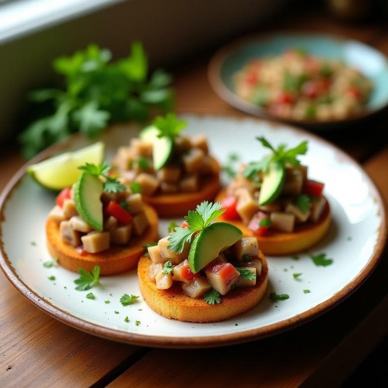 Tostadas de Pan de Yuca con Ceviche de Champiñones Portobello: Entrante Colombiano Vegano
