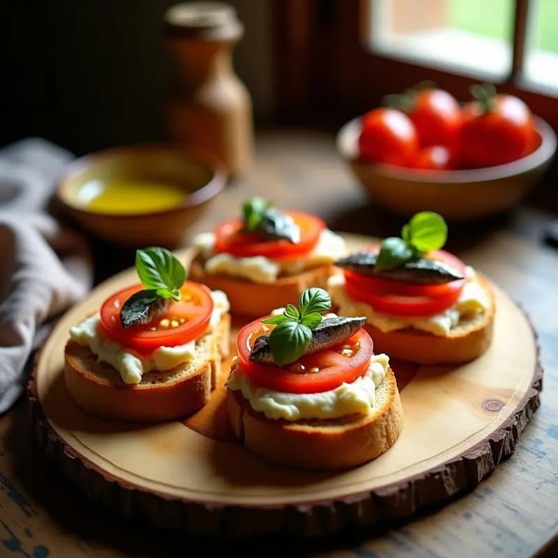 Tostas de Pan con Tomate, Anchoas y Queso de Cabra: Aperitivo Catalán en 5 Minutos