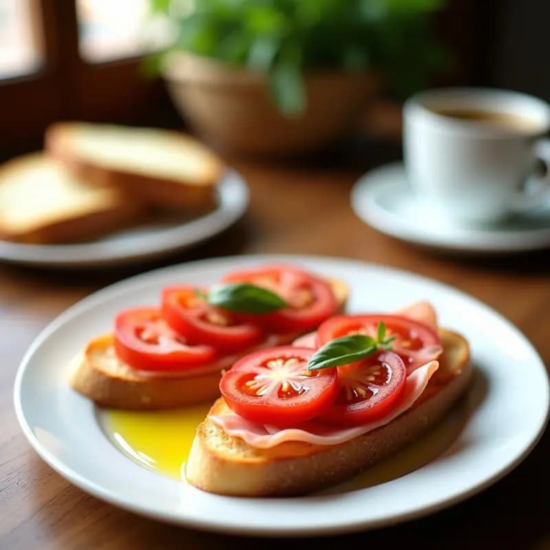 Tostas de tomate y jamón serrano con aceite de oliva: Desayuno o cena veloz