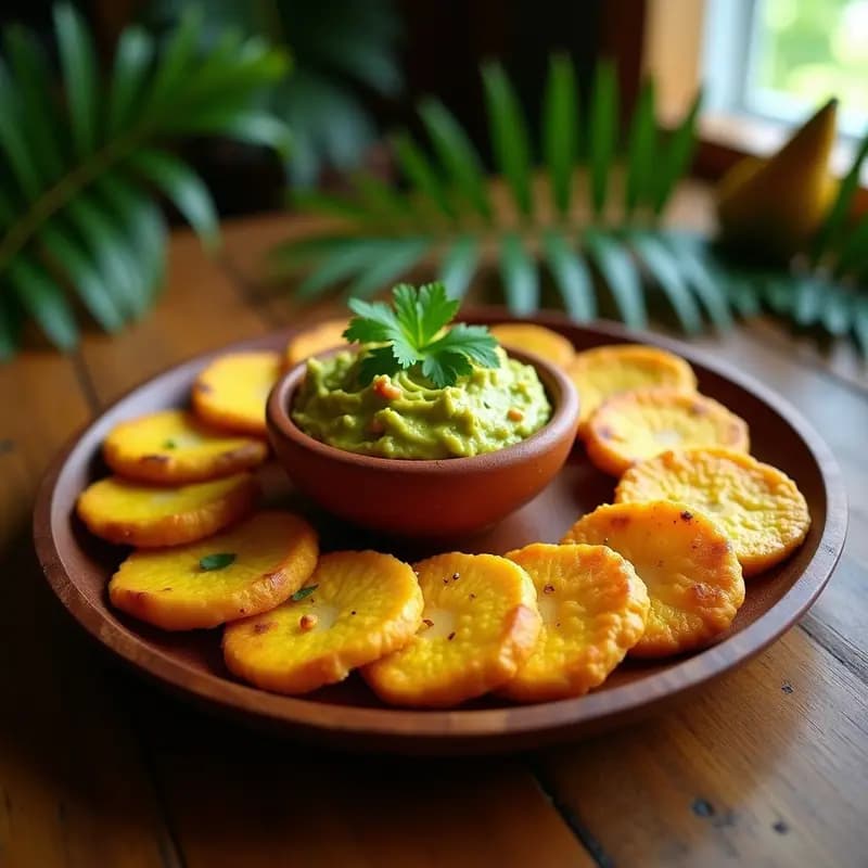 Tostones de Plátano Macho con Guacamole de Mango: Aperitivo Caribeño Sin Gluten