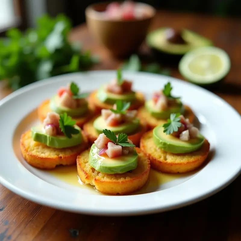 Tostones de Plátano Verde con Avocado y Ceviche de Atún: Entrante Caribeno Crujiente