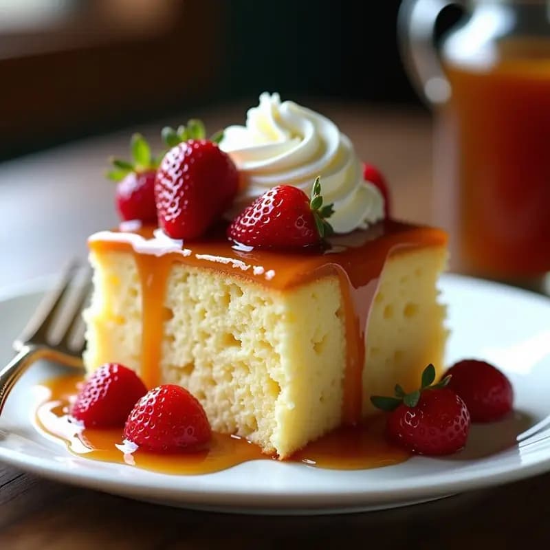 Tres Leches con Cajeta, Fresas y Crema Batida: Postre Mexicano Ultra Húmedo y Dulce