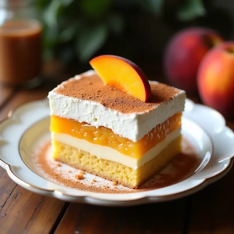 Tres Leches con Durazno y Canela: Postre Latino Espumoso y Dulce en 3 Capas