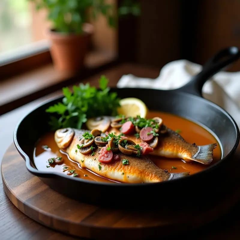 Trucha a la Riojana con Jamón y Champiñones: Receta de Río en Sartén