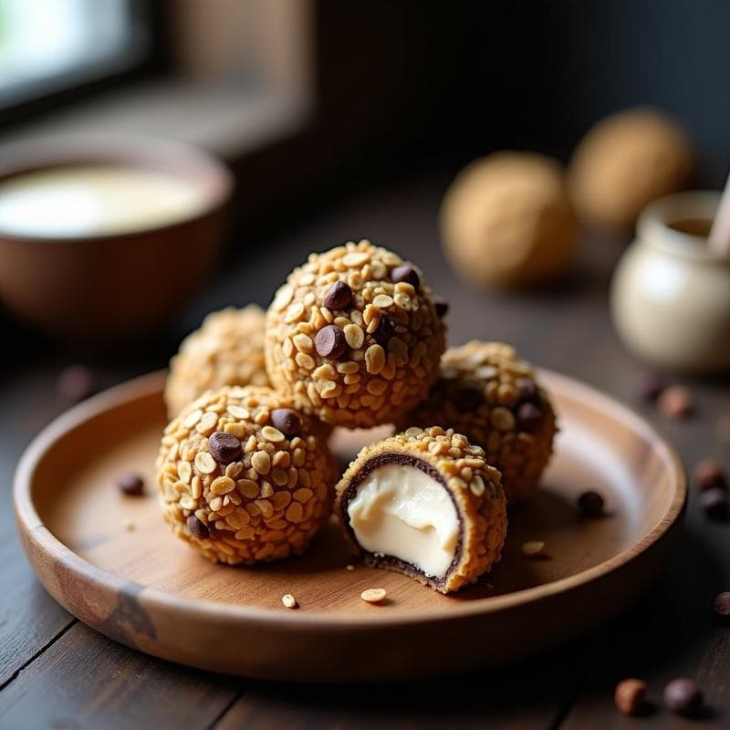 Trufas de avena tostada y cacao nibs rellenas de crema de anacardos: Postre vegano sin azúcar en 10 min