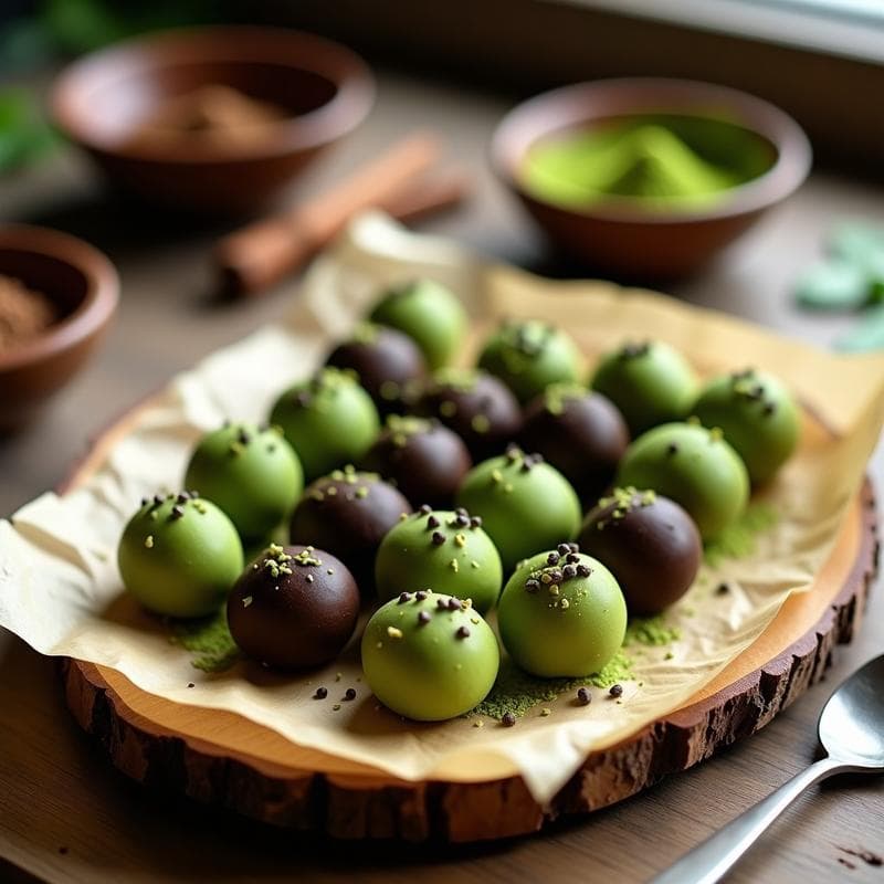 Trufas de Cacao y Cafeína con Cobertura de Matcha: Postre Energético y Sin Azúcar
