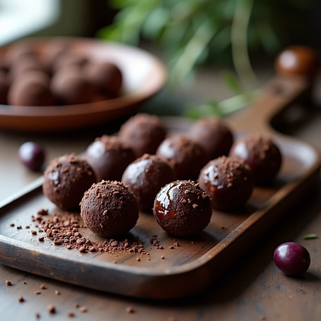 Trufas de cacao y puré de oliva negra: Postre salado andaluz vegano sin horno