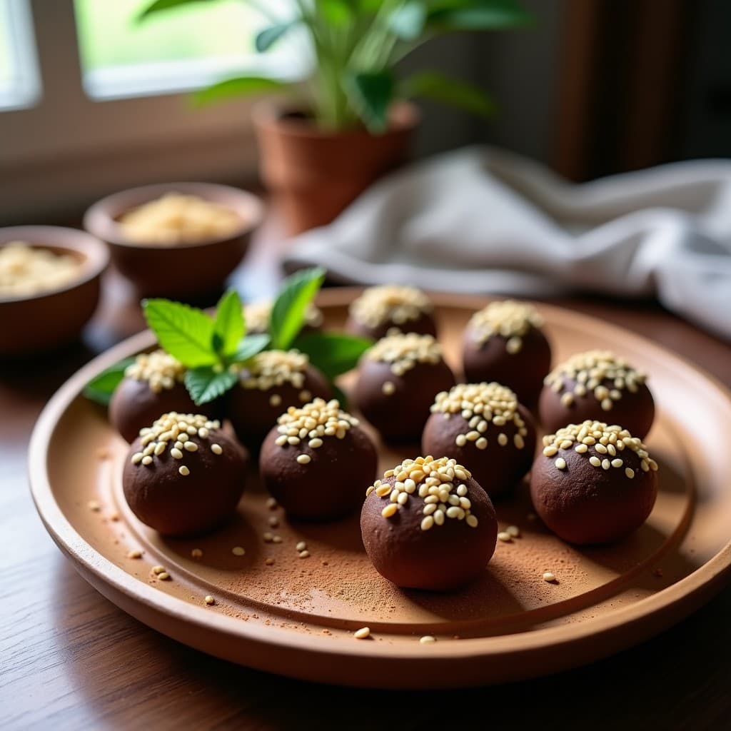 Trufas de Cacao y Tahini con Semillas de Sésamo: Postre Energético y Sin Azúcar
