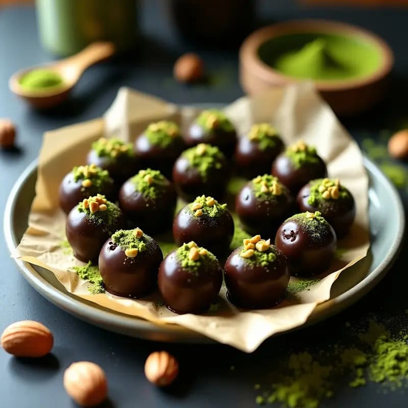 Trufas de Chocolate y Matcha con Nueces de Macadamia: Postre Vegano Sin Azúcar en 10 Minutos