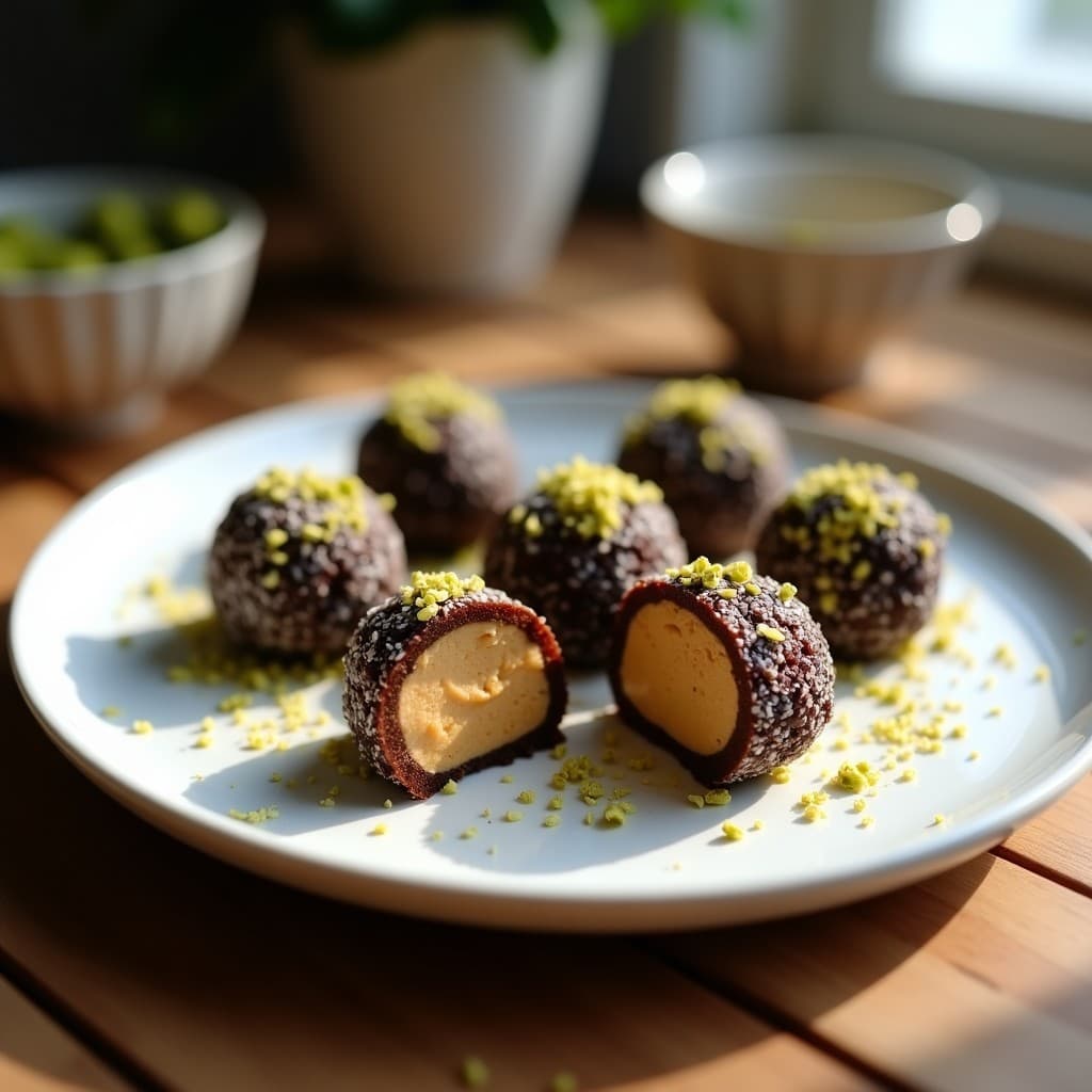 Trufas de Dátiles y Pistacho con Relleno de Crema de Cacahuete: Postre Energético Sin Cocción