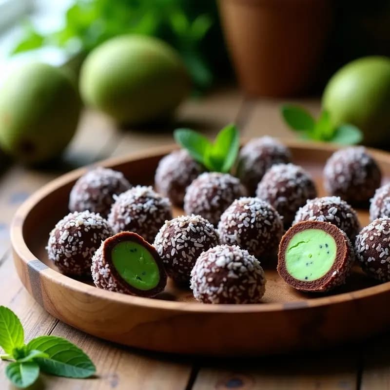 Trufas de Feijoa y Cacao con Nucleo de menta: Postre Brasilero Sin Azúcar y Crudivegano