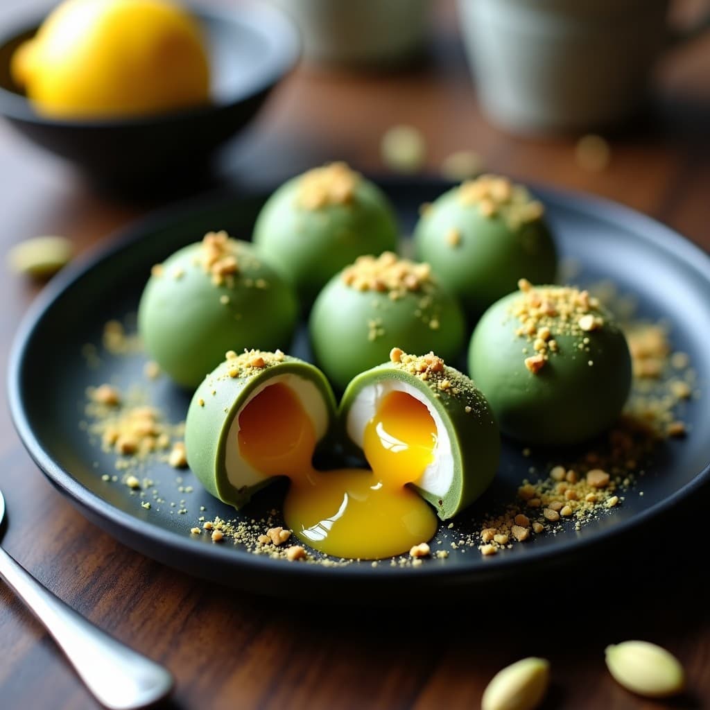 Trufas de Matcha y Aceite de Oliva con Relleno Líquido de Yuzu: Postre Japonés Gourmet
