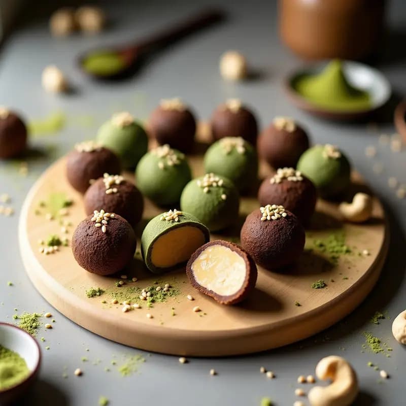 Trufas de Matcha y Cacao con Relleno de Mantequilla de Anacardos: Postre Japonés Raw y Sin Horno
