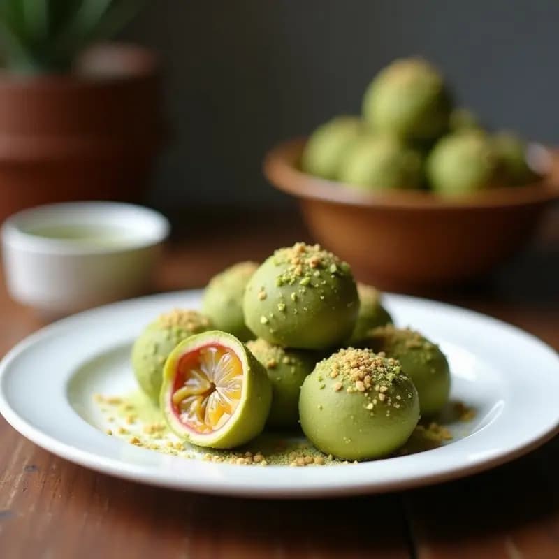 Trufas de Matcha y Coco con Centro Líquido de Maracuyá: Postre Japón-Brasil Fusion