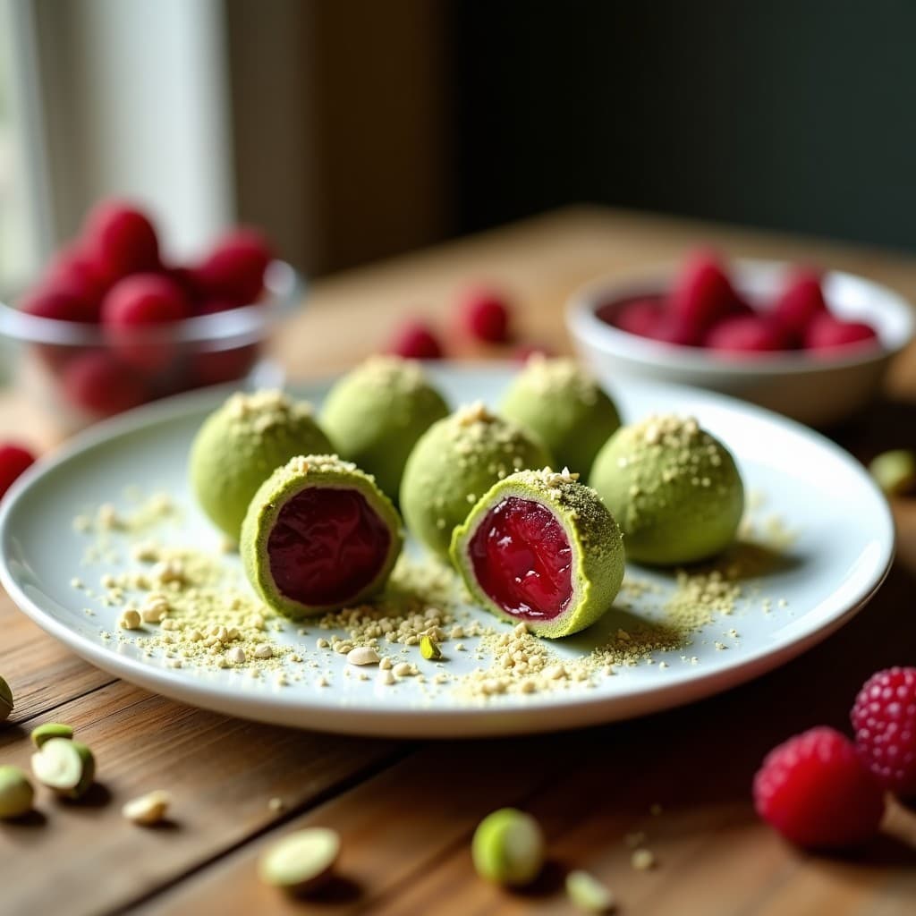 Trufas de Matcha y Pistacho con Centro Líquido de Frambuesa: Postre Vegano Sin Horno